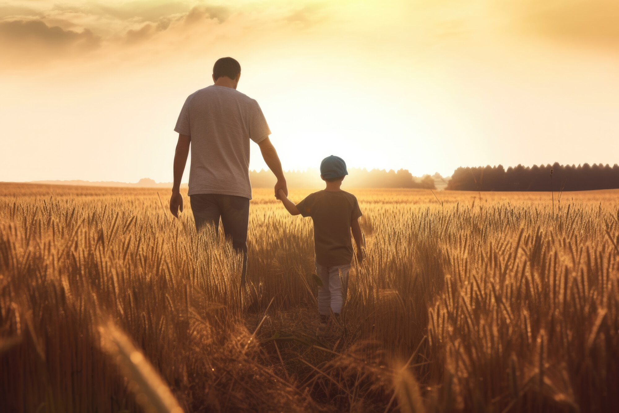 Father and Son Walking Through Field