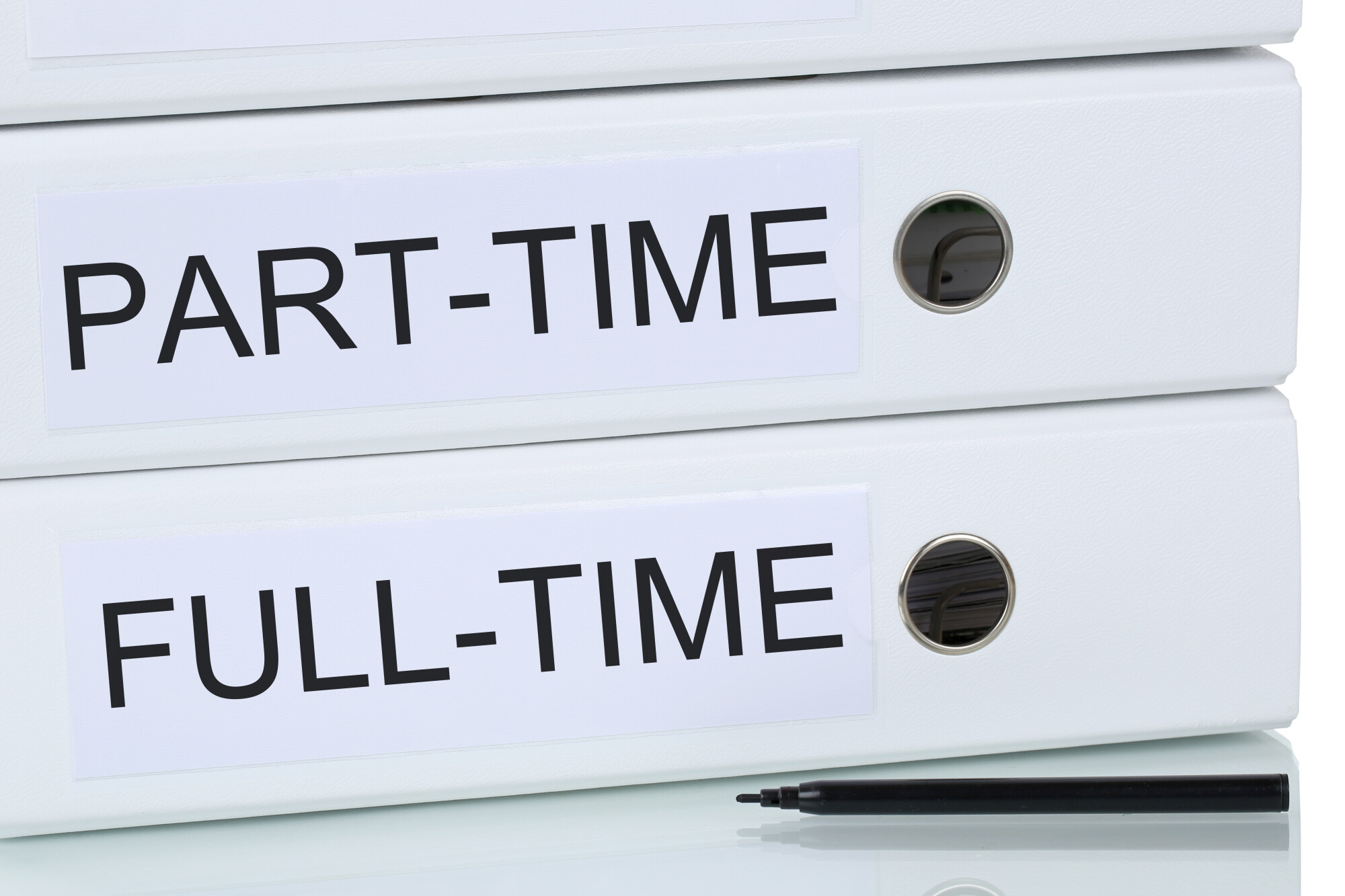 Two white binder folder spines with black lettering saying part time and full time
