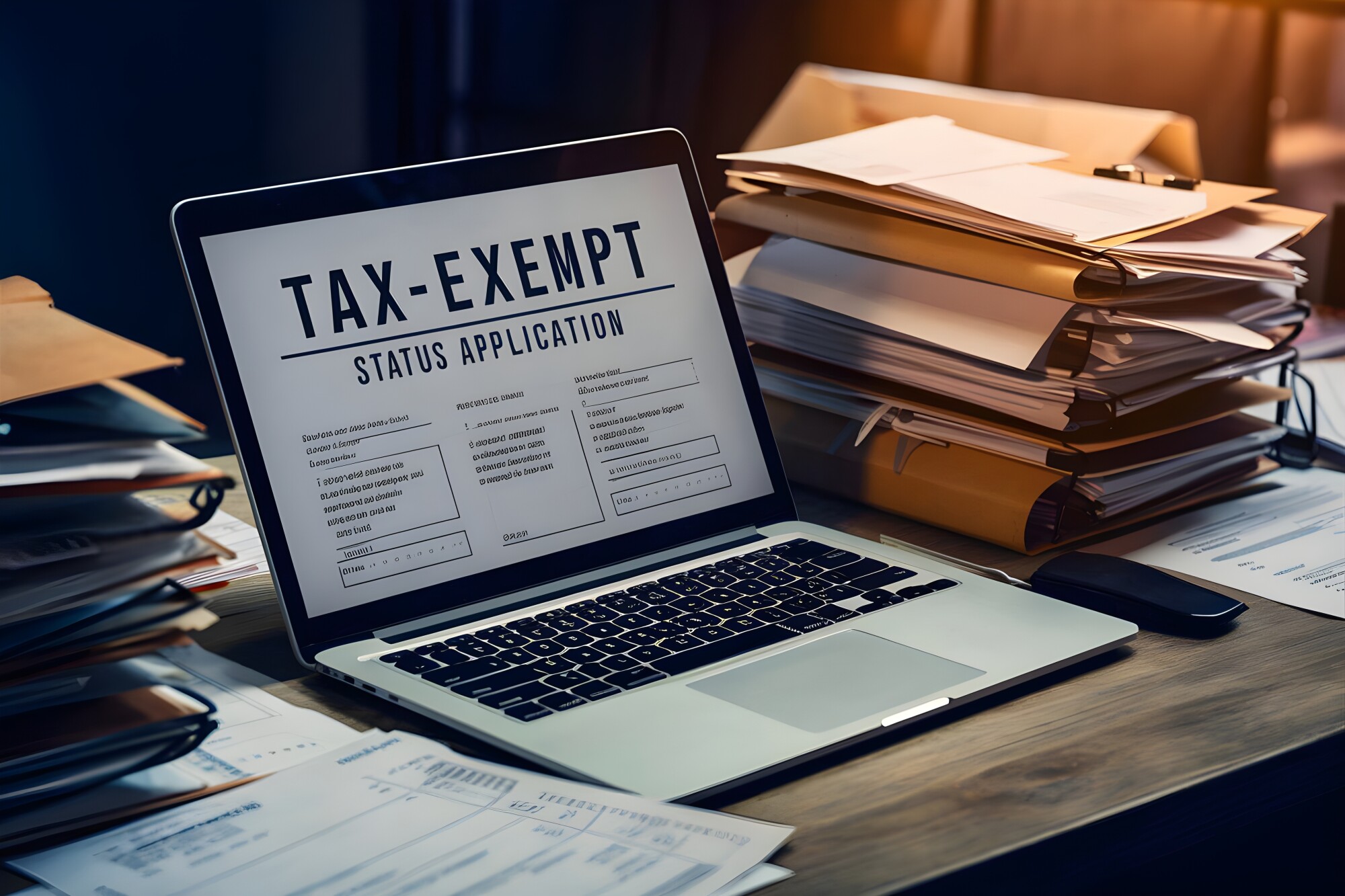 Computer Screen Open that Mentions Tax Exempt Application Surrounded by Files