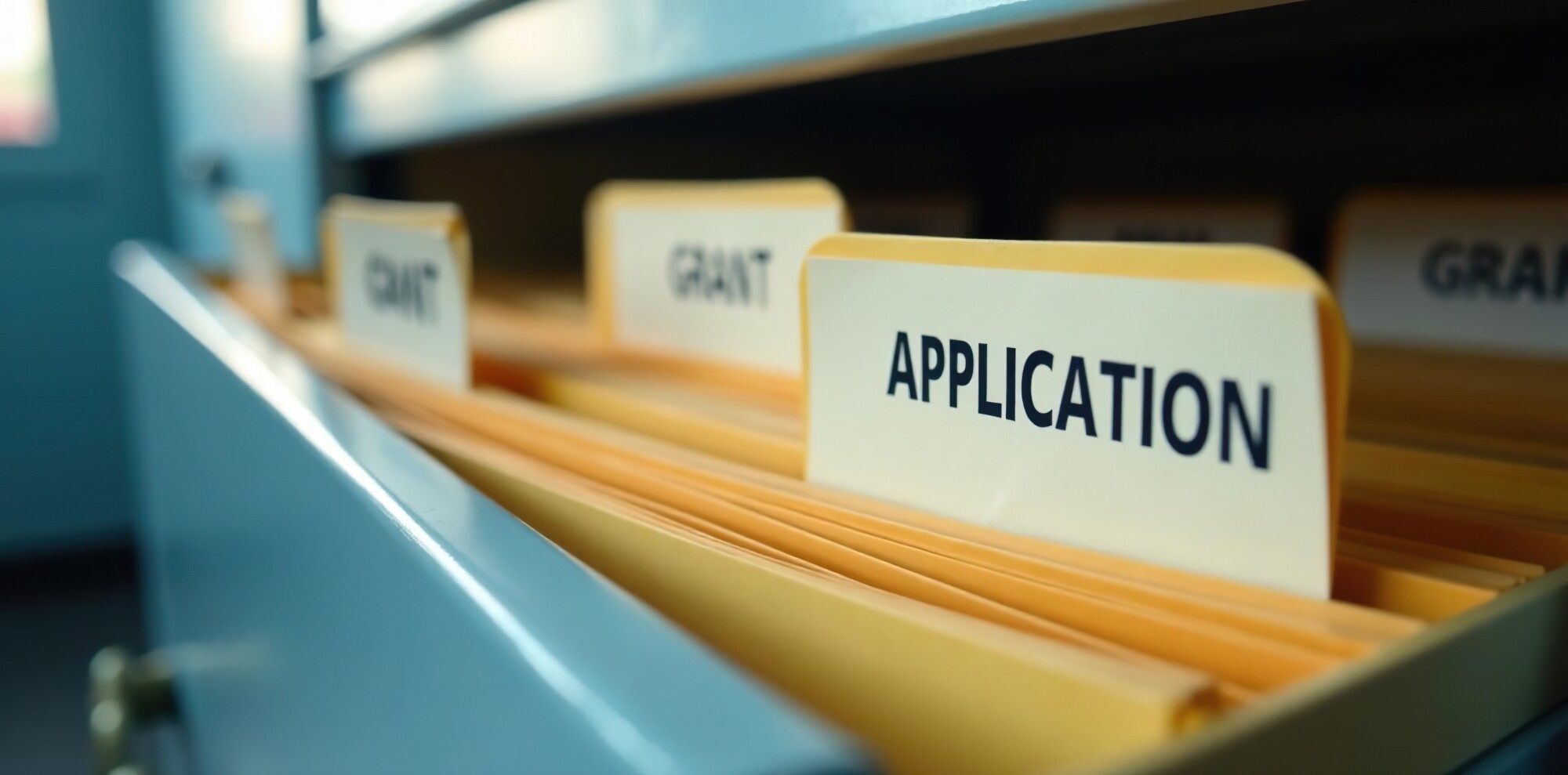 Open file cabinet with manila folders and label says applications