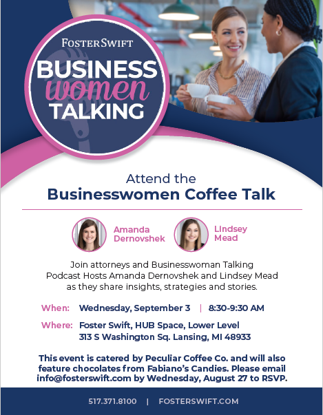 Blue and pink flyer with women smiling and drinking coffee