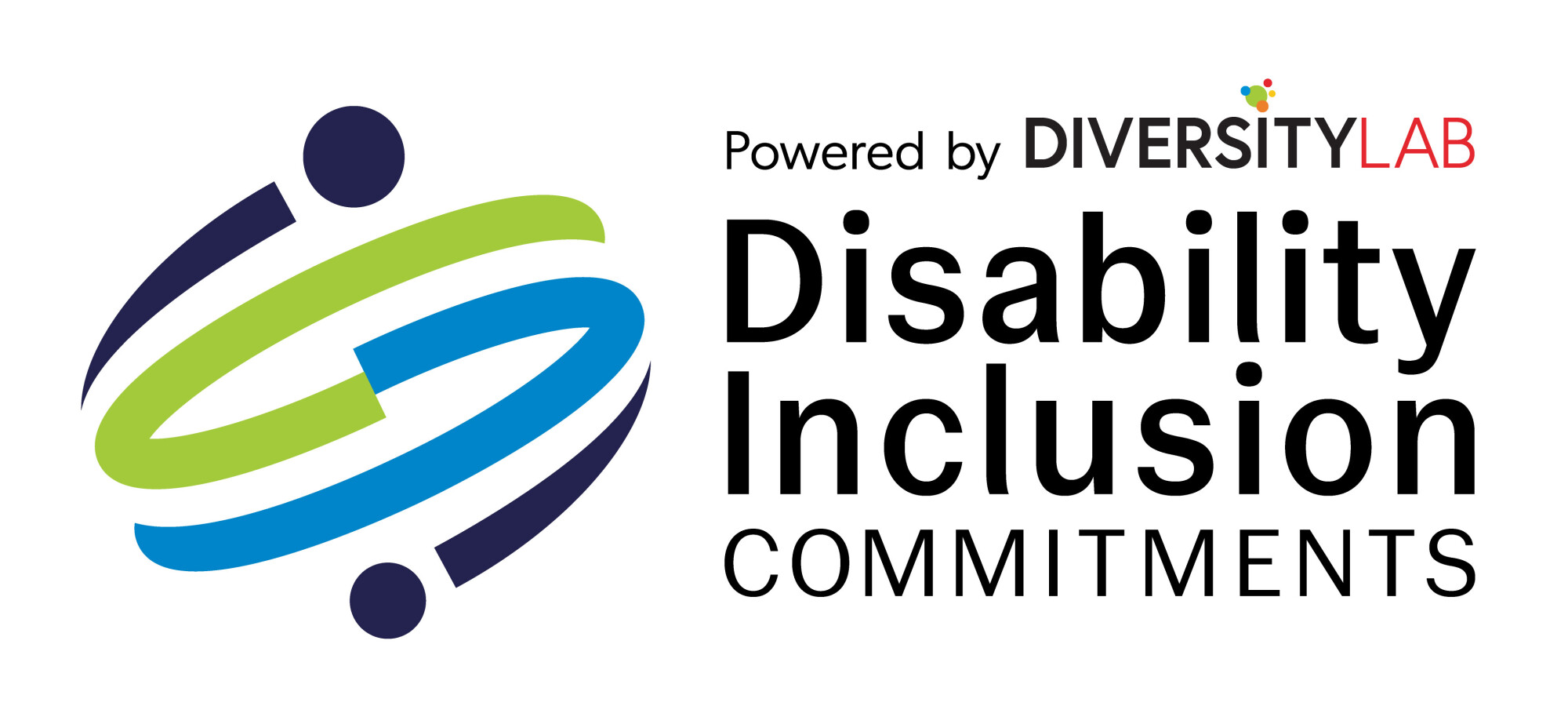 Diversity Lab; Disability Inclusion Commitments Blue and green swirl graphic reading "Powered by Diversity Lab; Disability Inclusion Commitments"